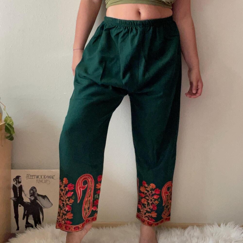 Green embroidered cropped Indian harem pants sari pant green